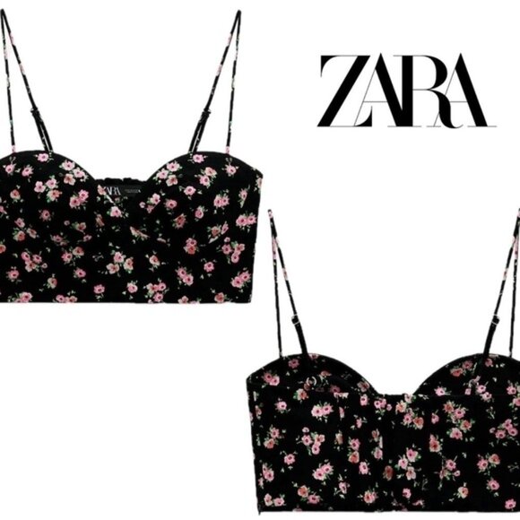 Tops - Zara black pink floral flower sweetheart spaghetti strap bustier crop top Sz XL